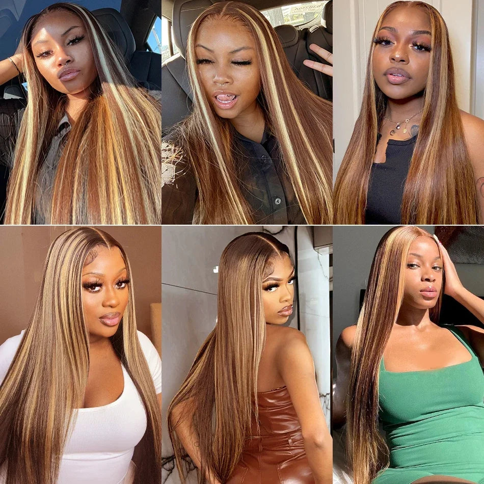 Honey Blonde Highlight Ombre 4/27 Human Hair Wigs HD Transparent Brown Colored