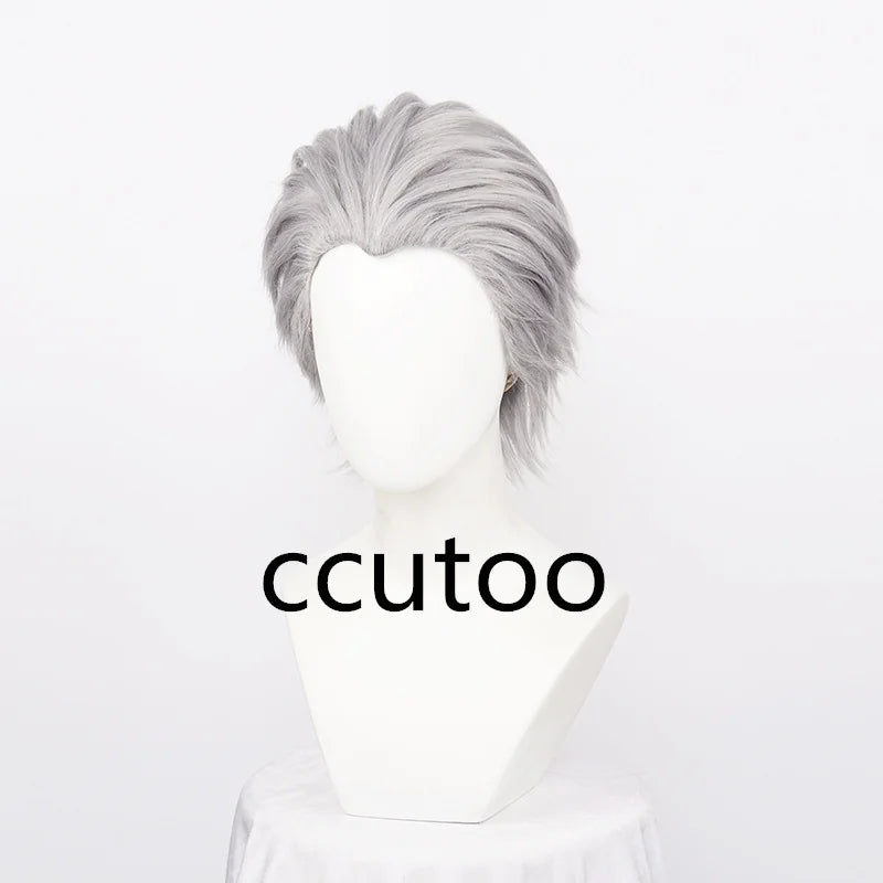 Men's Synthetic Cosplay Wig Short Silver Grey Slicked-back Hair Heat Resistant +