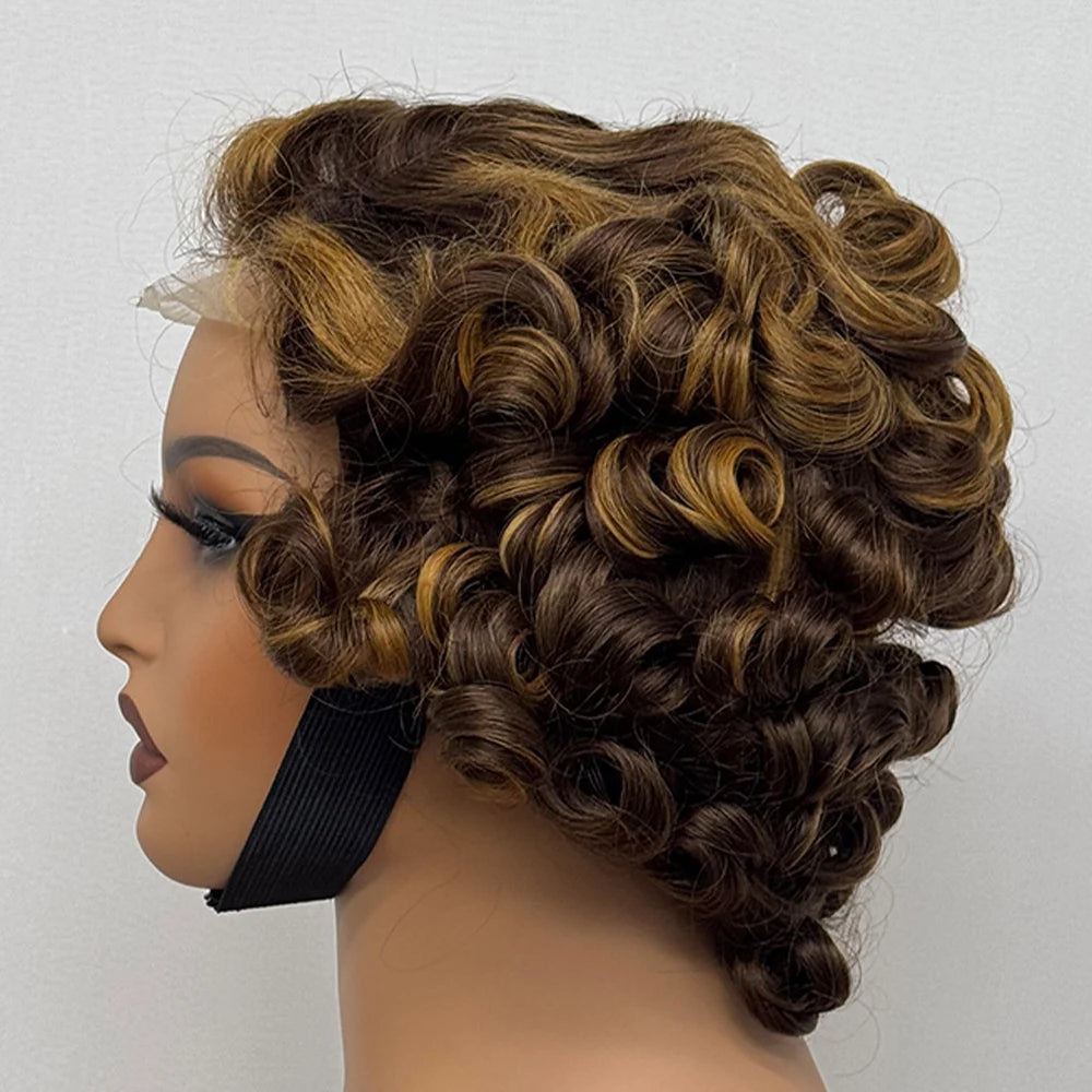 4x4 Lace Closure Wig Short Bouncy Texture Pixie Hair Real Human, 200%