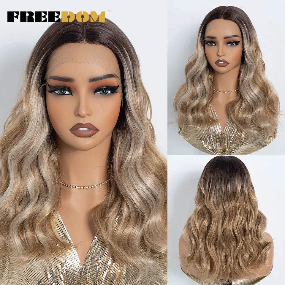 Highlight Synthetic Lace Front Wigs Natural Curly Wavy Ombre Brown Blonde Cosplay