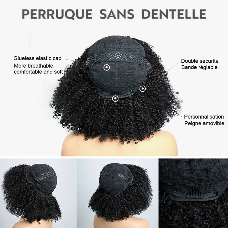 Mongolian Curly Afro Kinky Human Hair Wigs Bangs Without Glue Bouncy Density