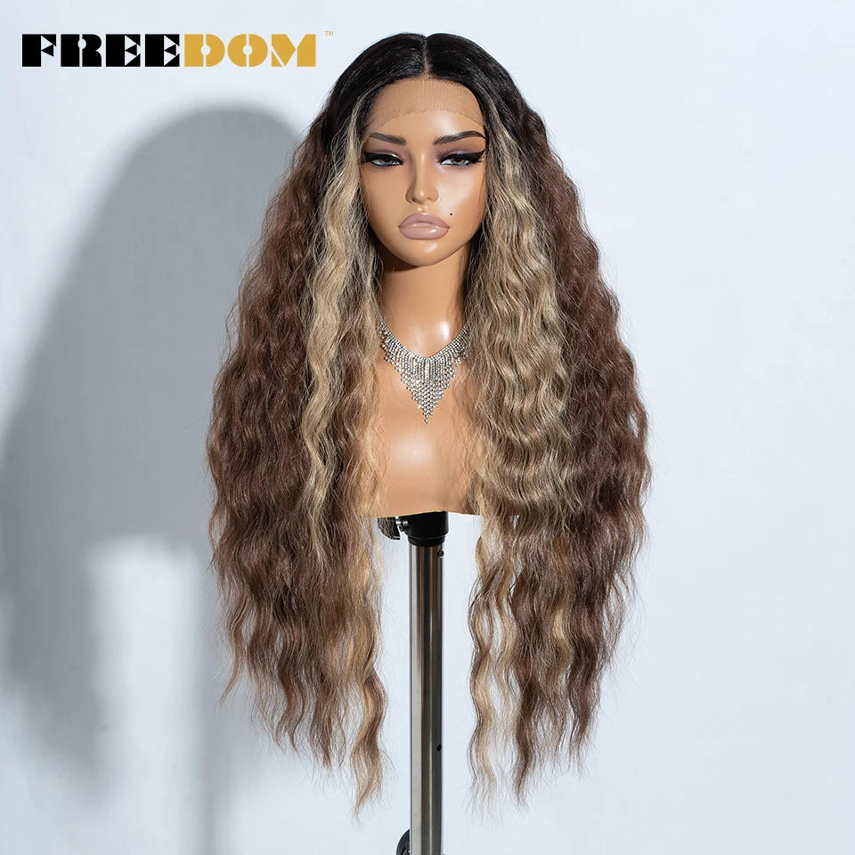 Curly Synthetic Lace Front Wigs Soft Wavy Ombre Blonde Ginger Highlight Cosplay