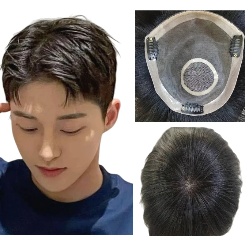 100% Human Hair Toupee Mono Top PU Sides Lace Mesh Clips Hand