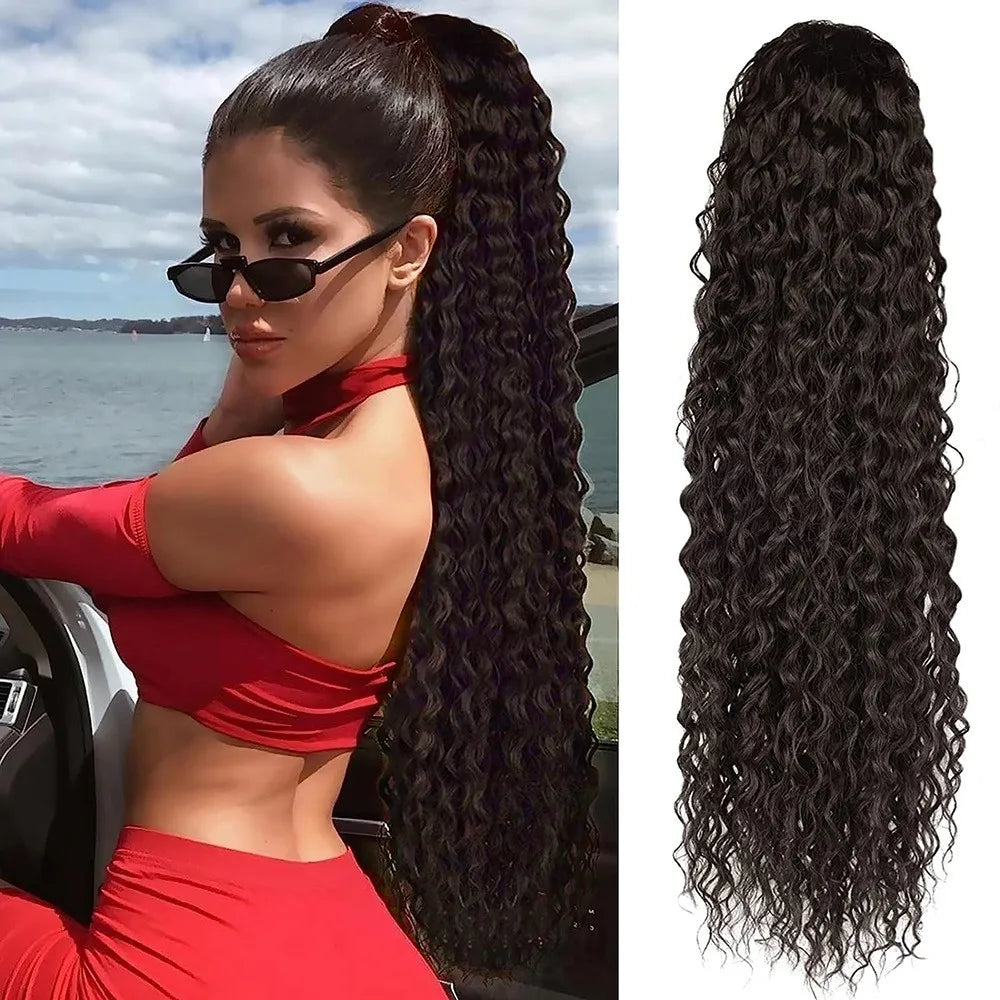 Synthetic Wig 24inch Long Curly Wave Drawstring Ponytail HairPieces Extension Heat Resistant Clip in Girl