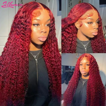 Deep Wave Burgundy, 13x6 HD Lace Frontal Curly Human Hair Wigs Red
