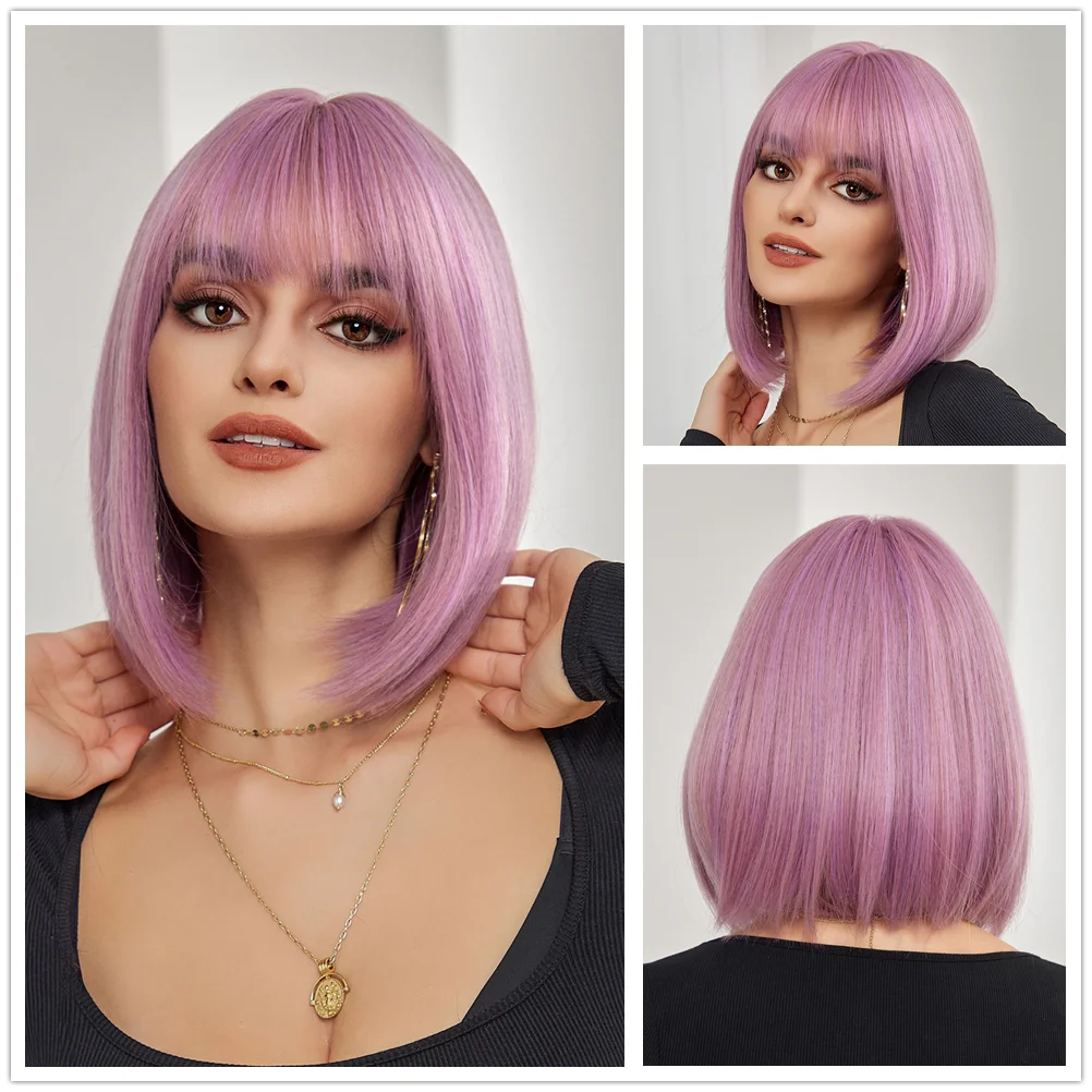 Pink BOBO Synthetic Wigs Short Natural Wave Hair Wig Party Daily High Density Heat Resistant