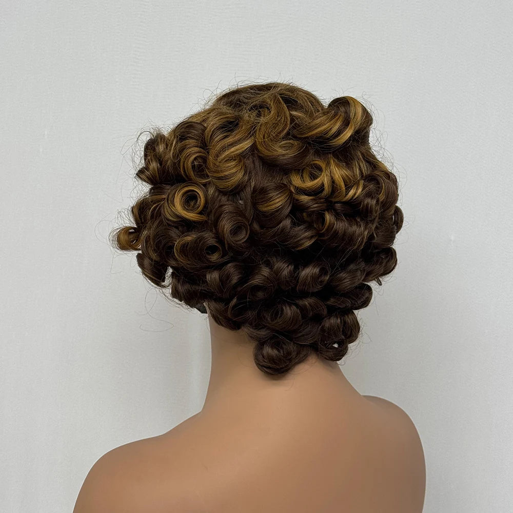 4x4 Lace Closure Wig Short Bouncy Texture Pixie Hair Real Human, 200%