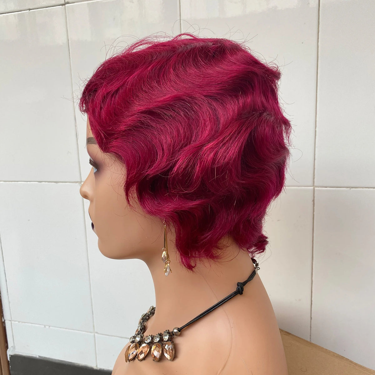 Short Finger Wave Wig Brazilian Human Hair Brown Ocean Peruca Burgundy Pixie