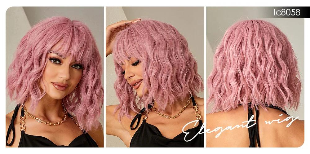 Pink BOBO Synthetic Wigs Short Natural Wave Hair Wig Party Daily High Density Heat Resistant