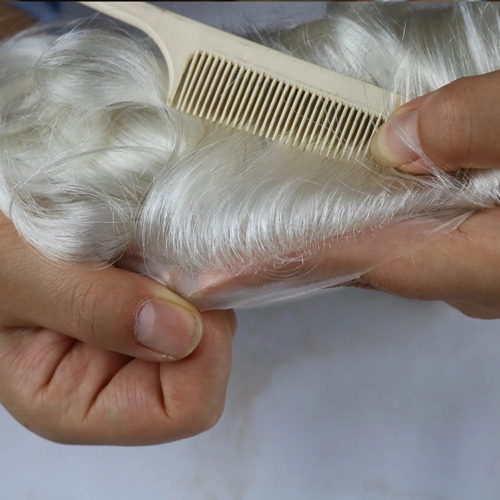 Men's Platinum Blonde 100% Human Hair V-looped PU 120-130% Density Toupee for Men 0.06-0.08mm Skin Base Hair Prosthesis System