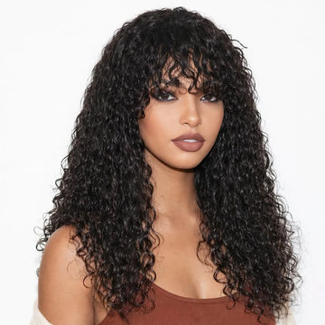 Water Wave Human Hair Wigs Bangs 1B Black Not Lace Natural Color