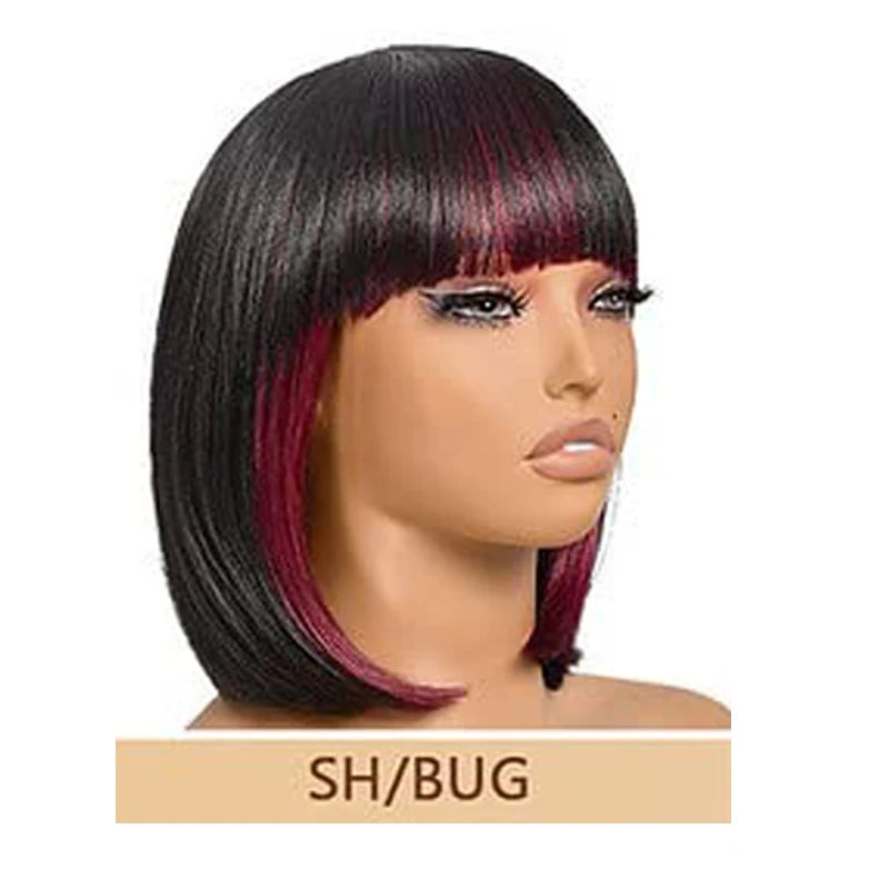 Bob Wig With Bangs - 14 Inch Peek-a-boo Color Short Bob Wig Black Mix Brown Daily Costume Wigs, Light Synthetic