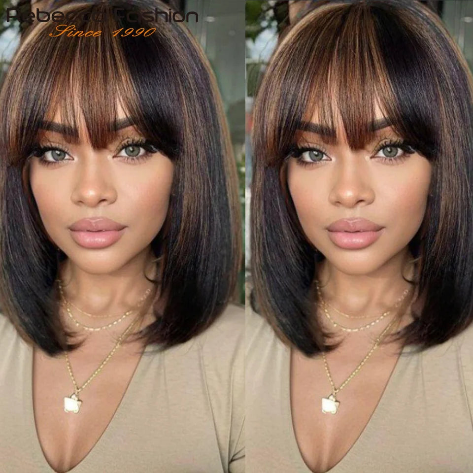 Straight Human Hair Bob Lace Wig with Bangs - Fringe Middle Part, Realistic Scalp, Brazilian
