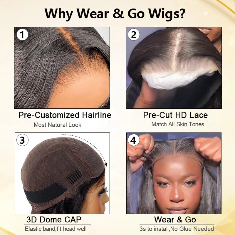 Wear Go Glueless Human Hair Wigs Pre Plucked Brazilian Straight, 13x4 HD