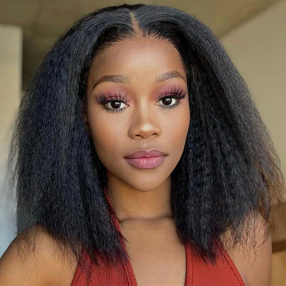 Kinky Straight Short Bob Human Hair Wig, 13x4 HD Transparent Lace Frontal, Glueless