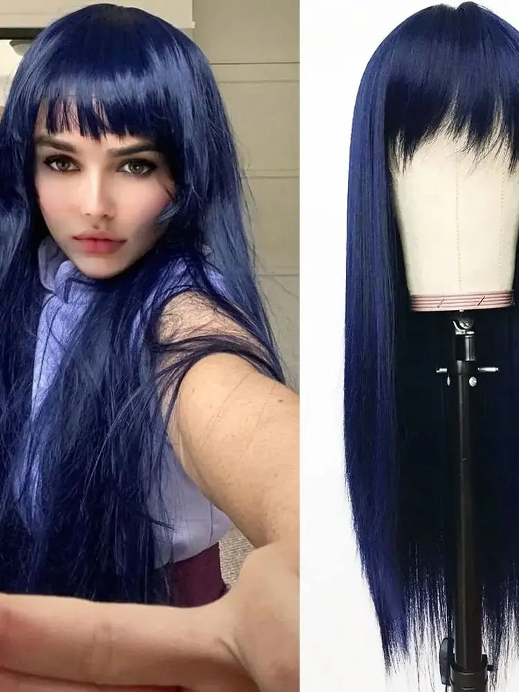 Dark Blue Synthetic Hair Wigs Bangs Navy Long Straight Women's Heat Resistant
