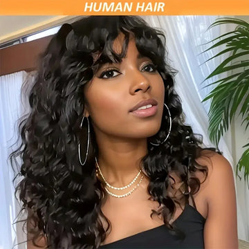 Glueless Water Wave Wig Bangs Black Women's Human Hair Without Glue Fully