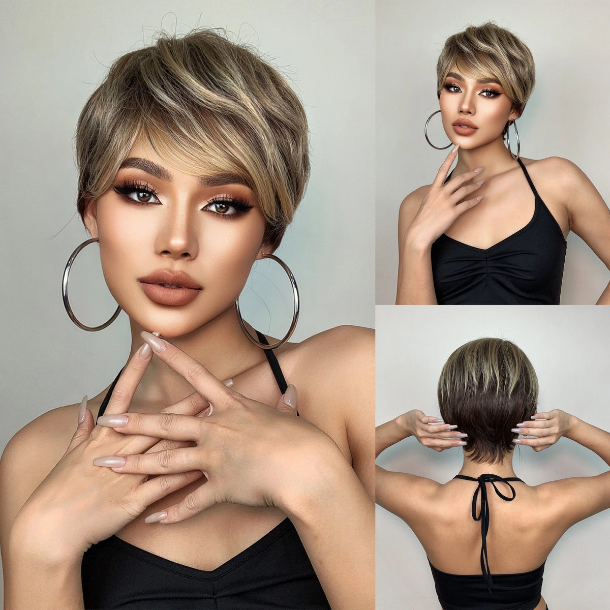 Short Brown Highlight Wigs Pixie Cut Synthetic Wigs with Bangs High Temperature Daily Hair