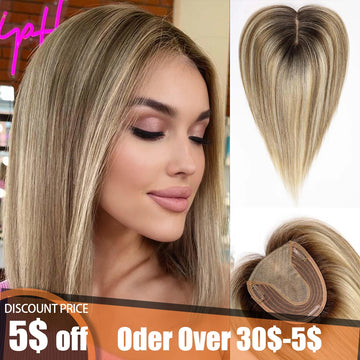 Brown Mixed Blonde Remy Human Hair Toppers Silk Base Clips in Straight