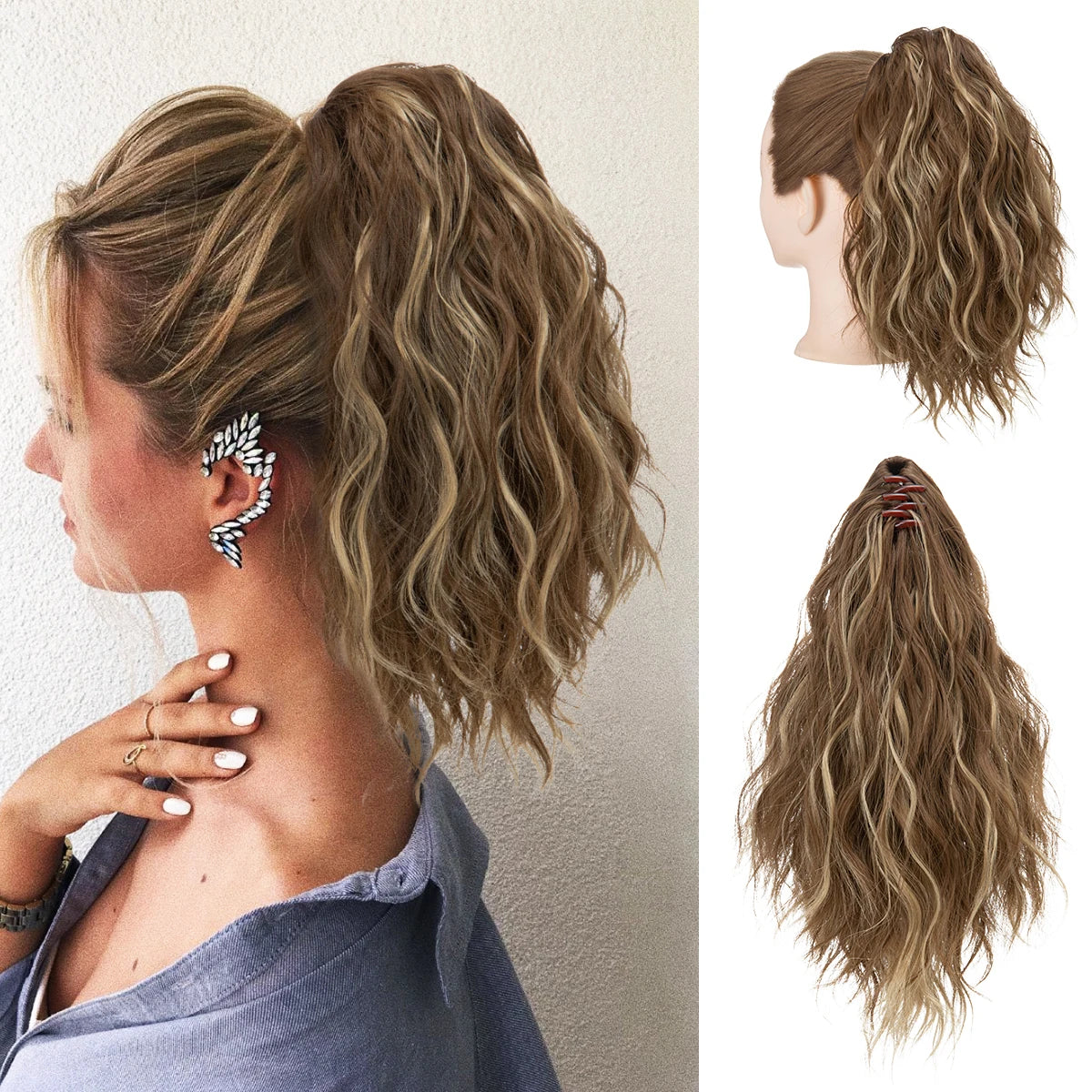 Synthetic Curly Claw Clip in Ponytail Blonde Brown Short Hairpiece 13" Fake