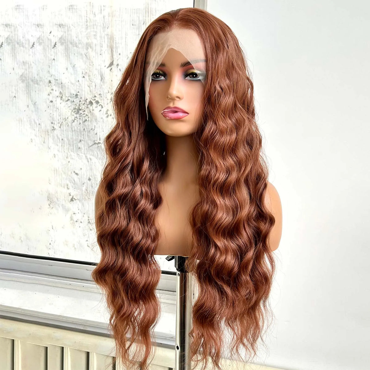 Ginger Brown Wig Long Curly Wavy Synthetic Middle Part Loose Deep Wave