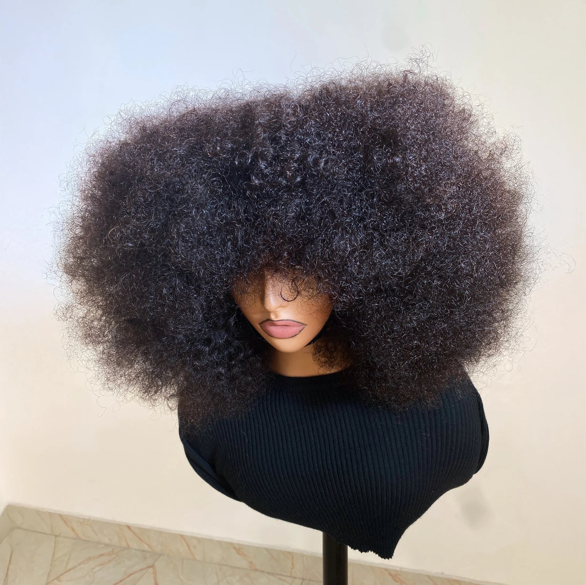 Mongolian Curly Afro Kinky Human Hair Wigs Bangs Without Glue Bouncy Density