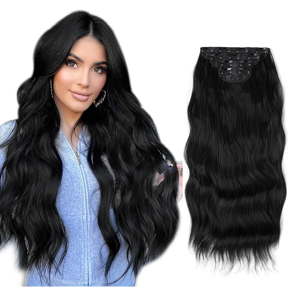 Synthetic Long Wavy Clip in Hair Extensions 22" Thick Hairpiece Brown Blonde