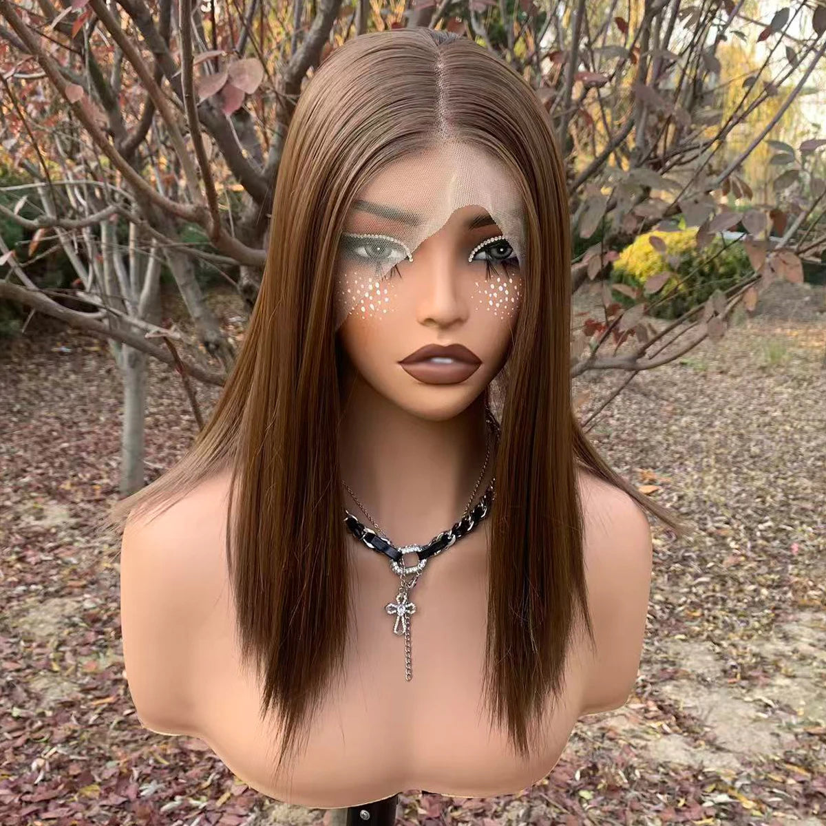Light Brown Bob Wig, 13x4 Glueless Synthetic Lace Front 150%Density 14inch Short