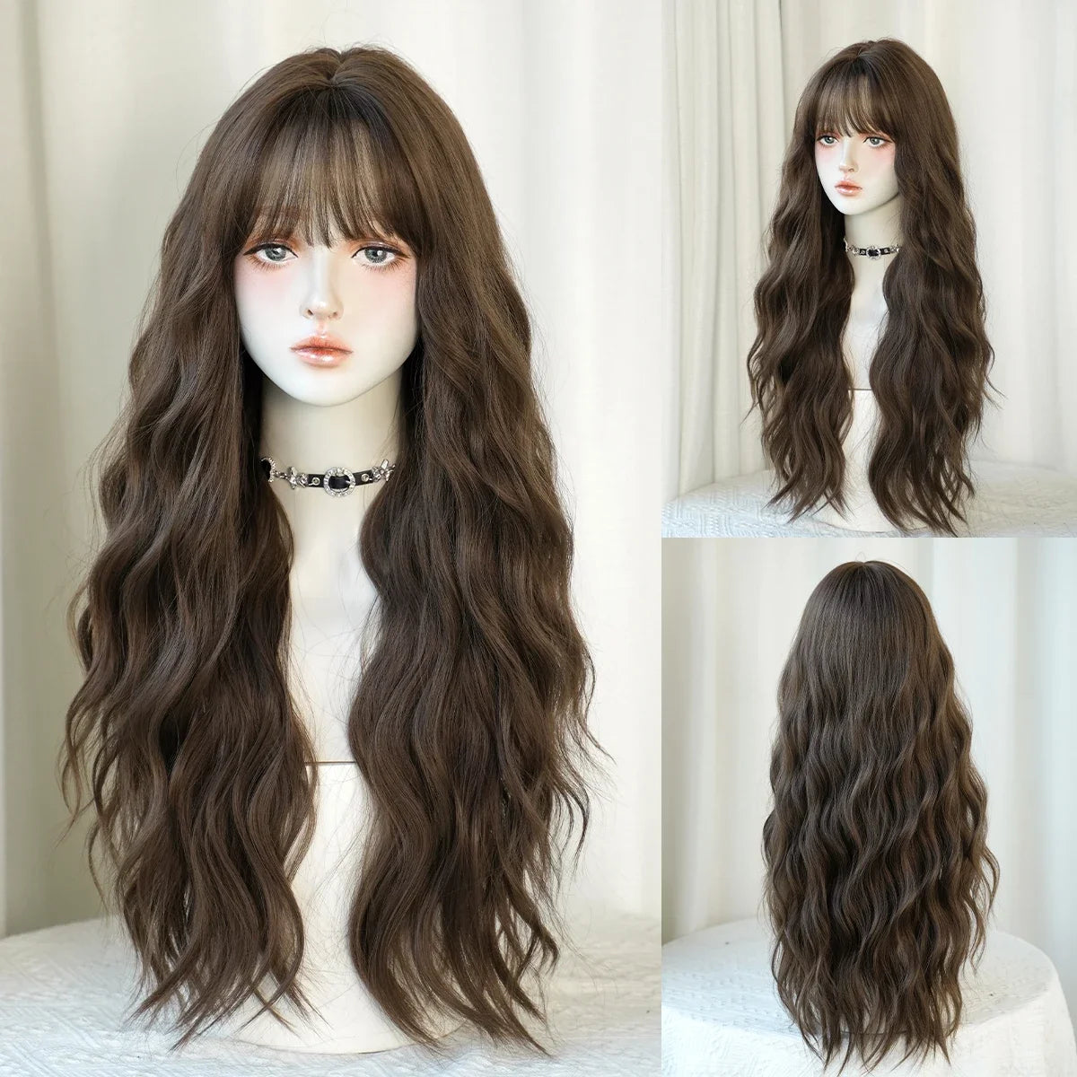 Long Wig Synthetic Wavy Light Brown Wigs Daily Party High Density Layered Wig With Bang