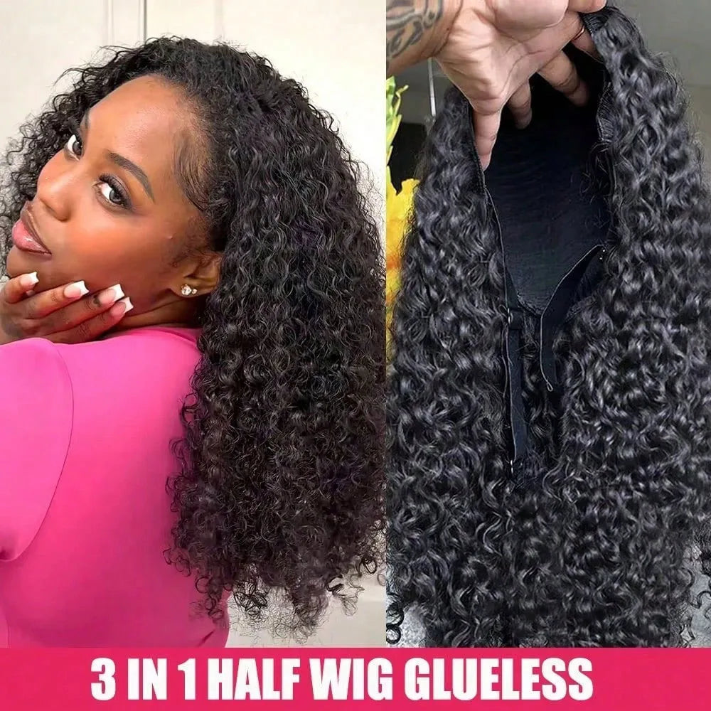 Density Afro Kink Curly Half Wig Human Hair Breathable Machine Made 3In1