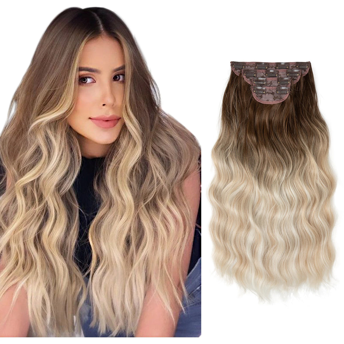 Synthetic Long Wavy Clip in Hair Extensions 22" Thick Hairpiece Brown Blonde