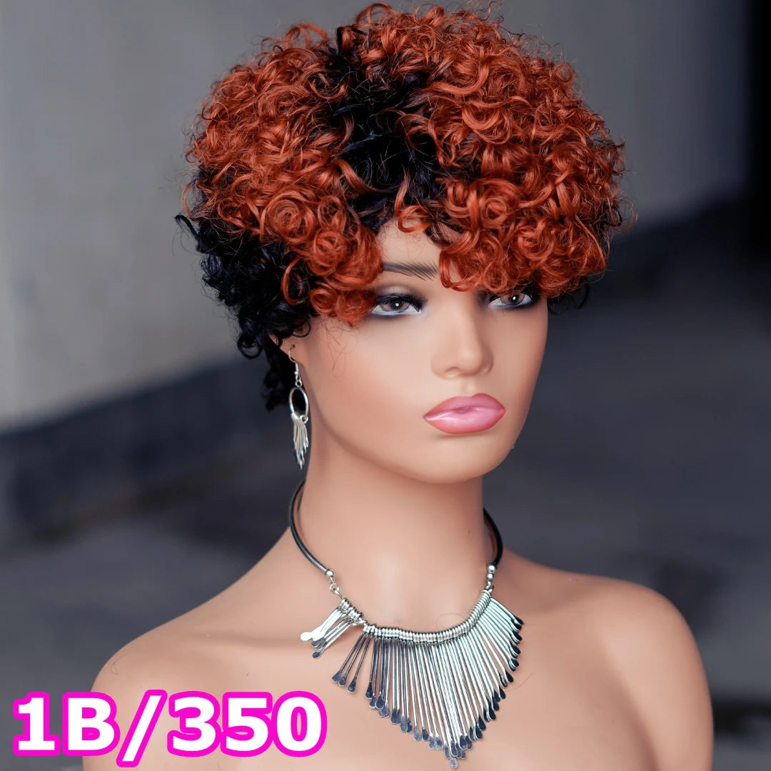 99J Red Rose Curly Short Bob Pixie Cut Human Hair Wig Ombre