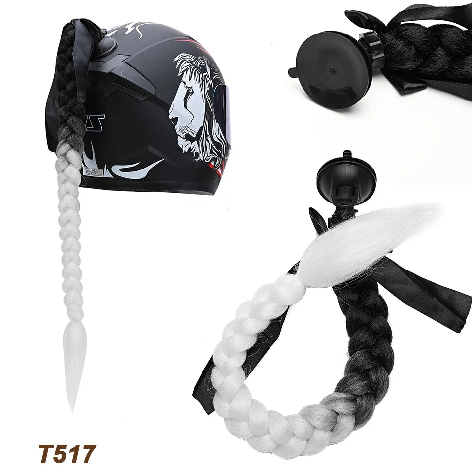 Synthetic Helmet Pigtails Gradient Ramp Braids Ponytail Hair Suction Cup Bowknot Motor