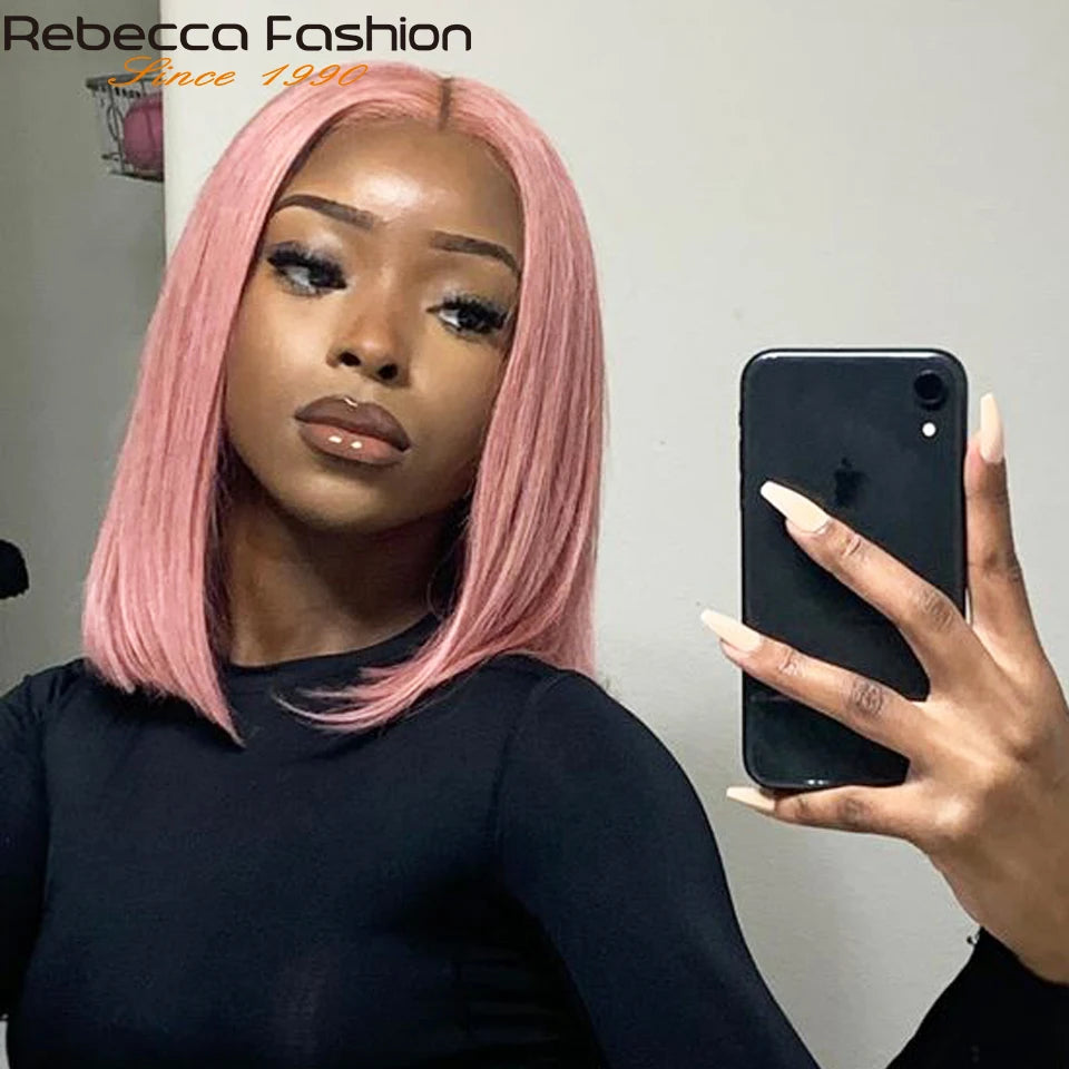 Short Cut Colored Pink Bob T Part Lace Wigs Human Hair 180D