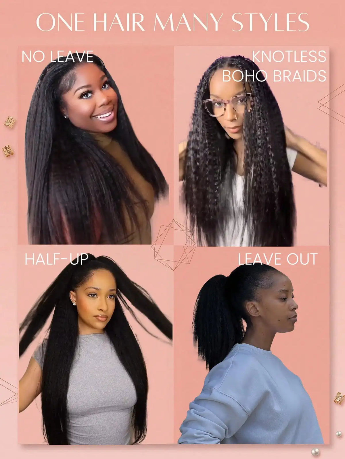 Kinky Straight Human Crochet Hair Extensions, 26-30 Inch, Pre-Separated Feather Crochet, Natural Black