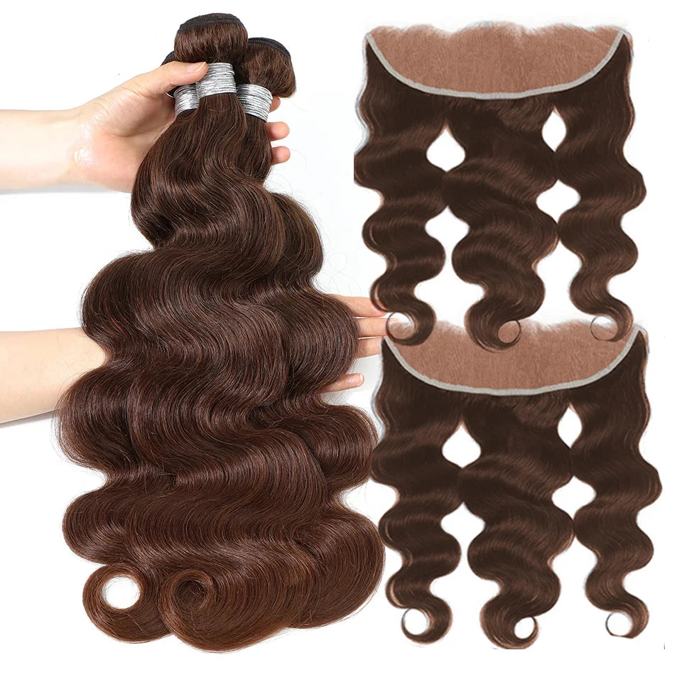 Chocolate Brown Colored Body Wave Human Hair Bundles 4x4/5x5/13x4 Closure Frontal Remy