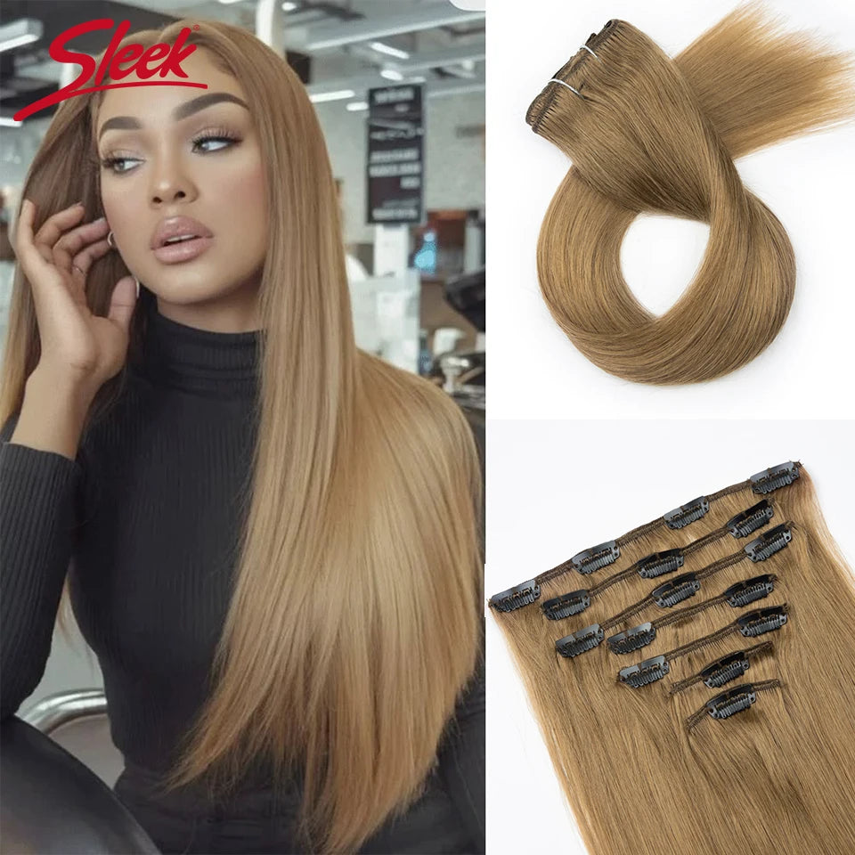 Sleek Straight Clip in Hair Extensions Human Hair Natural Blonde 613 Color 7pcs/Pack Clip in Extensions Salon-Grade Quality