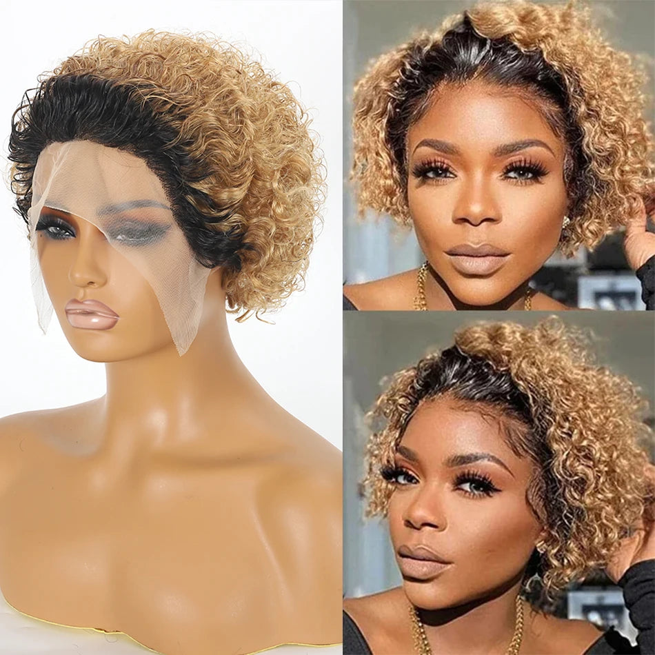 Curly Pixie Cut Wig Lace Human Hair Water Wave Short Bob, 13x1