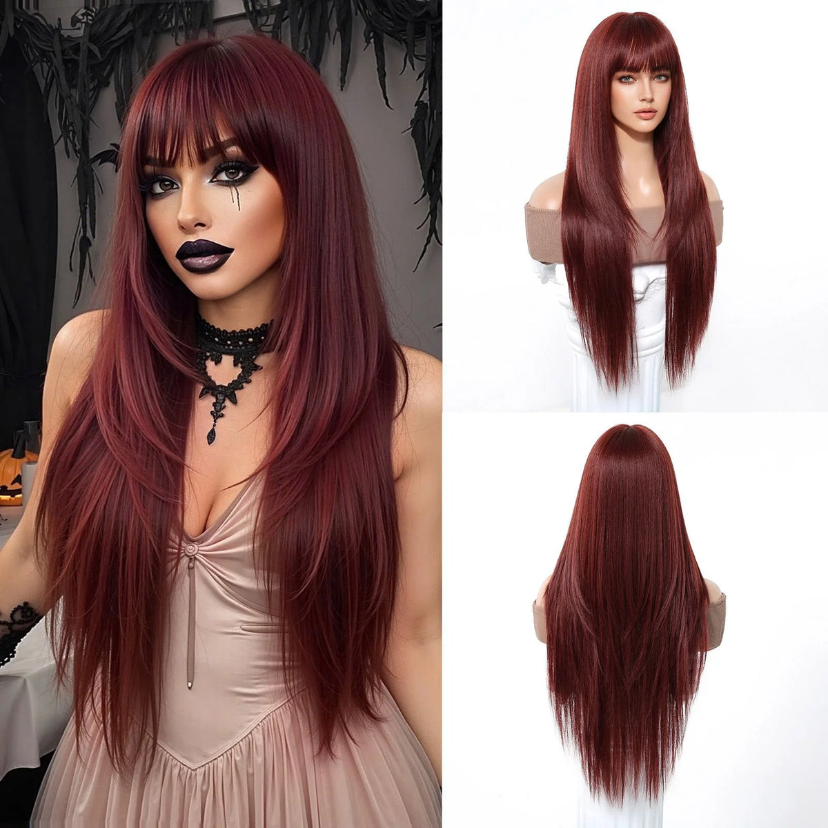Black Highlight Pink Synthetic Wig Bangs Long Straight Red Cosplay Party Christmas