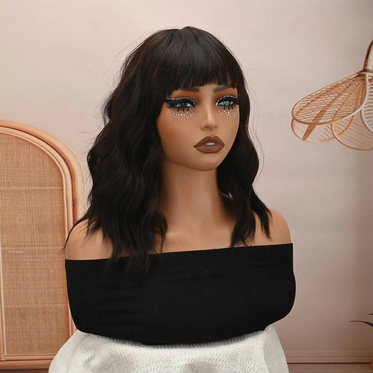 Dark Brown Wavy Bob Wig Bangs Heat‑resistant Synthetic Glueless Natural Looking Daily
