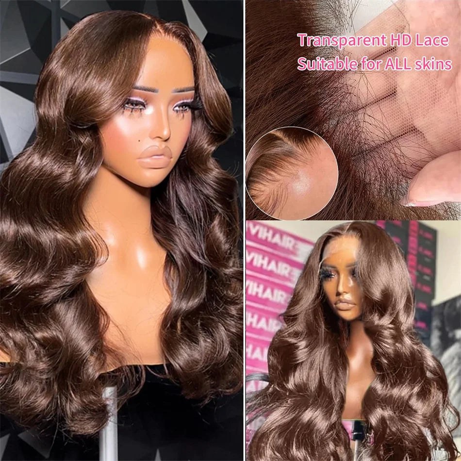 Chocolate Brown 13x6 Human Hair Wigs HD Lace Frontal Colored Transparent Body
