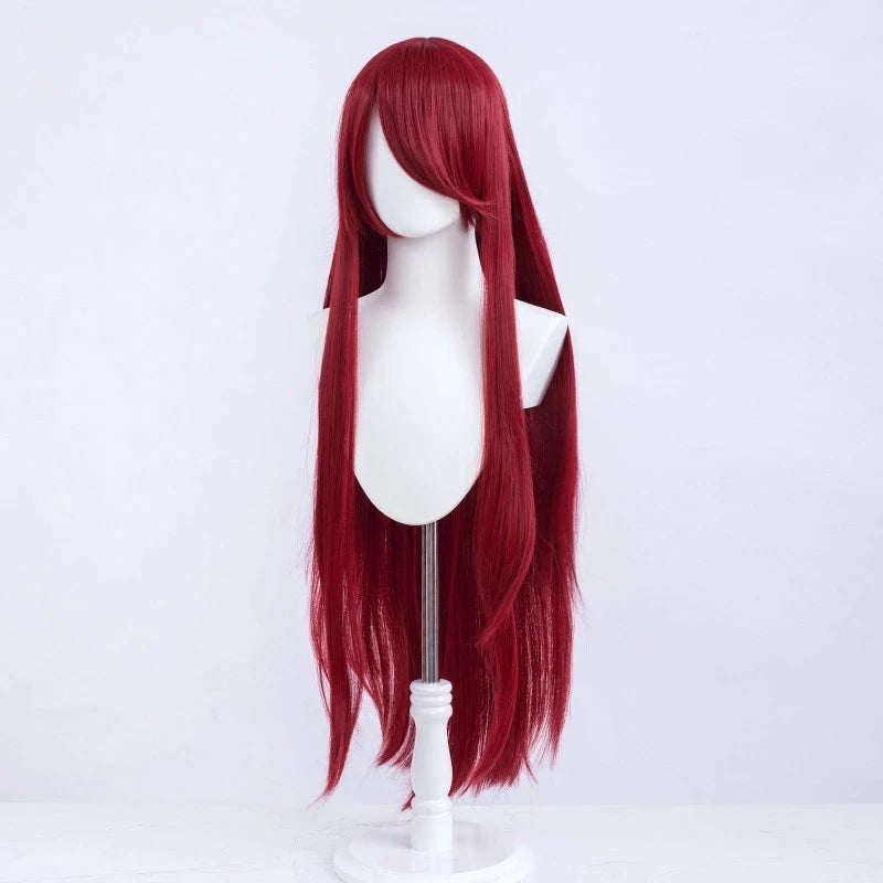 100cm Long Wine Red Wig Heat Resistant Full Bangs Synthetic Hair Wig