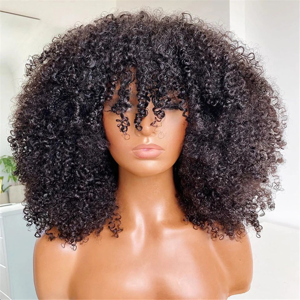 Afro Curly Human Hair Wigs Bangs, 250% Density Glueless Short Bob Fringe
