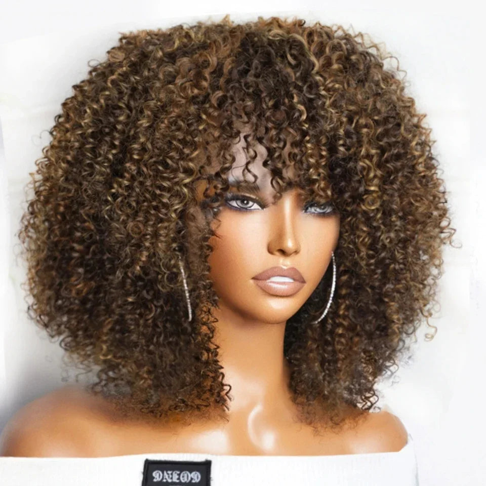 Brazilian Short Curly Human Hair Wig Natural Brown Color Afro Kinky Bangs