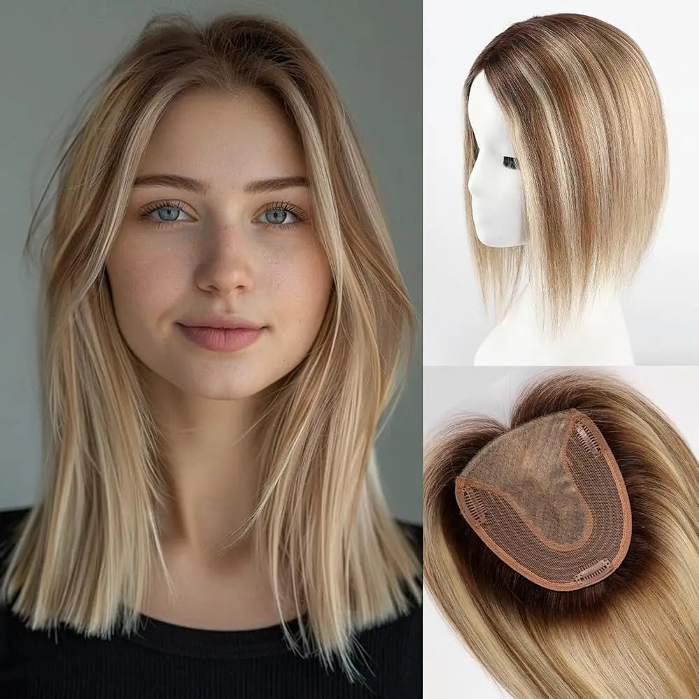 Straight Real Human Hair Topper No Bangs 5"*5.5" Base Brown Blonde Highlights