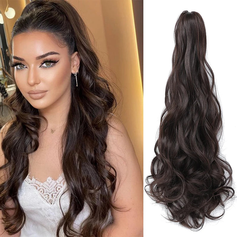 Long Wave Claw Clip Ponytail Extension, Synthetic Heat Resistant False Hair Piece