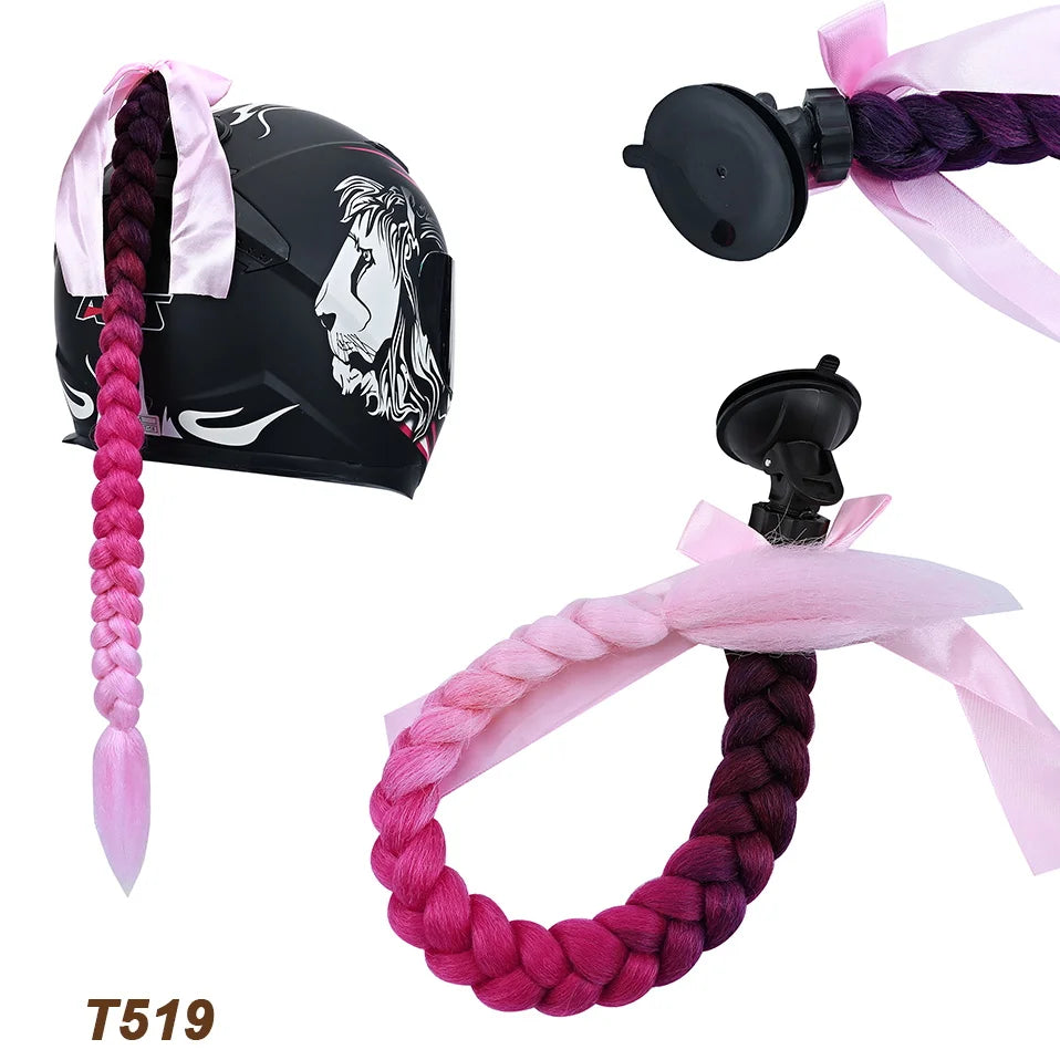 Synthetic Helmet Pigtails Gradient Ramp Braids Ponytail Hair Suction Cup Bowknot Motor