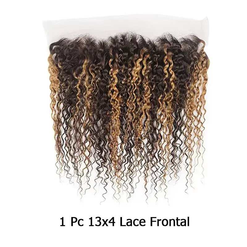 4/27 Highlight Curly Brazilian Hair Weaves Bundles Frontal, 13x4 Lace Closure Deep