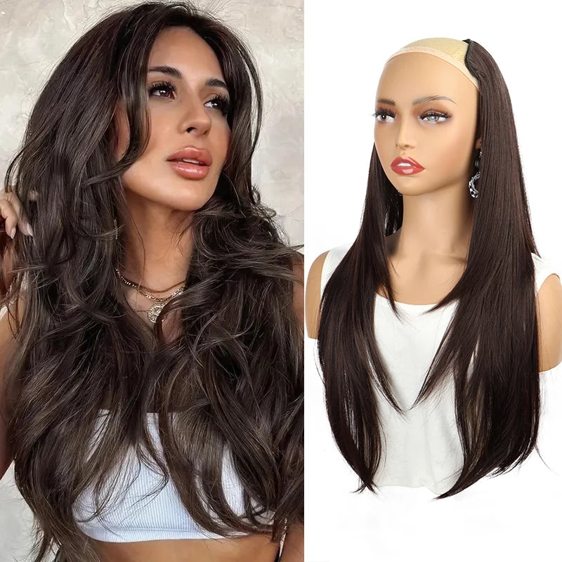 22Inch Synthetic Long Straight Layered Clip-in Hair Extension V-shaped Black Blonde Invisible Hairpiece