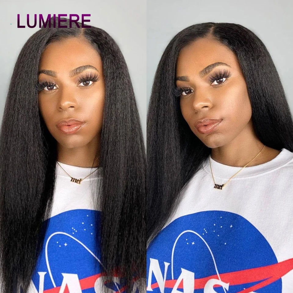 Kinky Yaki Straight Human Hair Bundles Closure Frontal HD Transparent Brazilian Deep
